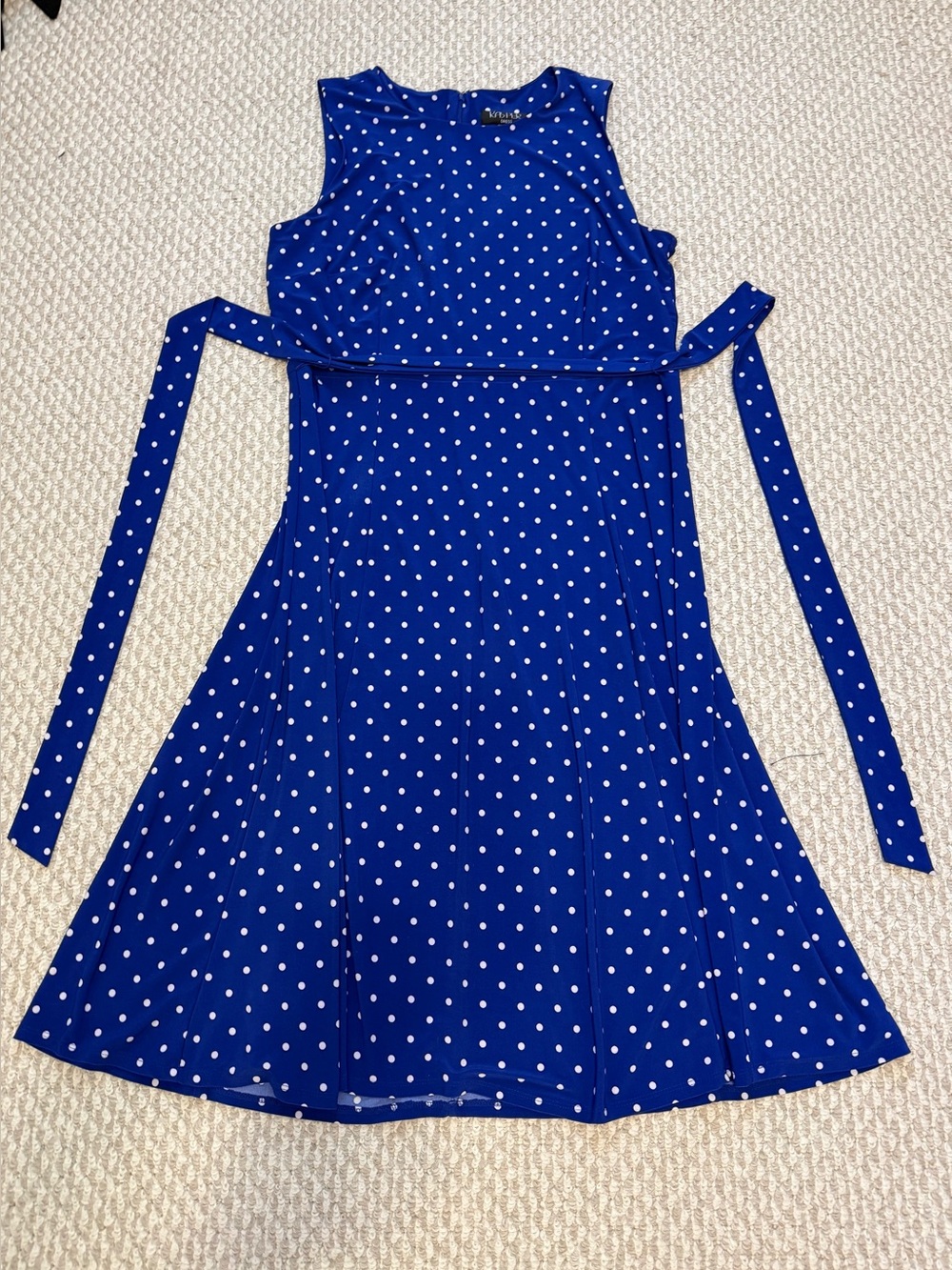 Womens Blue Polka Dot Sleeveless Dress with Waist Tie